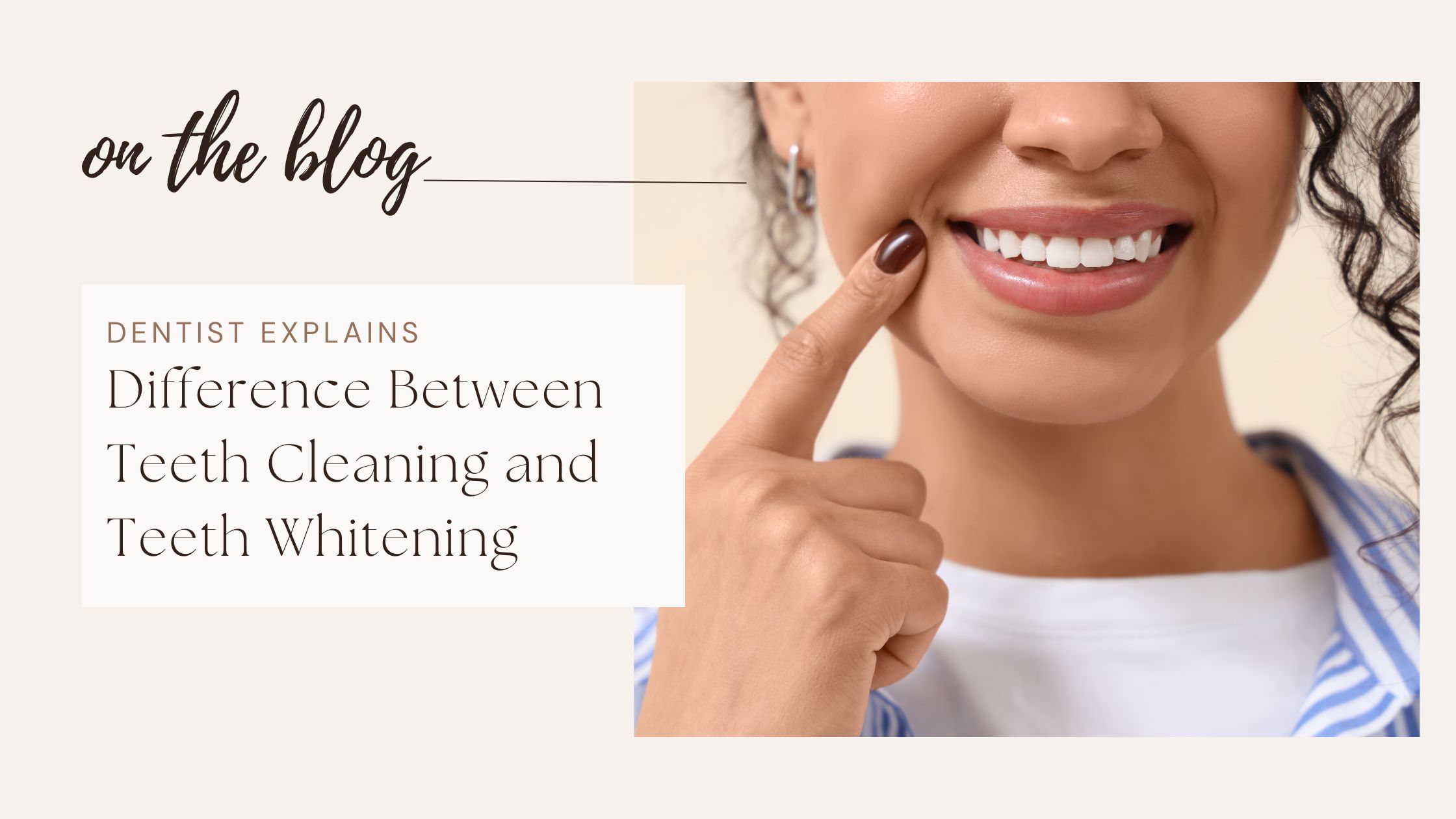 smiling patient pointing at clean white teeth